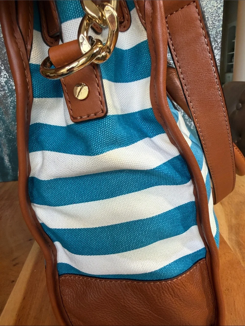 Michael Kors Nautical 2010s Hamilton Large  Canvas Tote Blue White Tote (Fair)